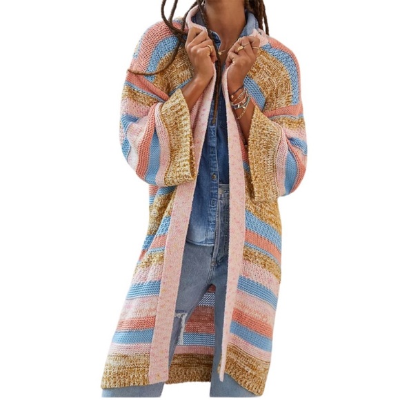 Anthropologie Sweaters - Anthropologie Textured Striped Cardigan O/S (One Size) Pink Blue Longline Duster